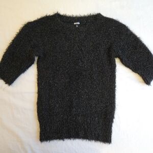 Tildon 90s Y2K Black Fuzzy Shiny Fitted Crew Neck 3/4 Sleeve Sweater EB3